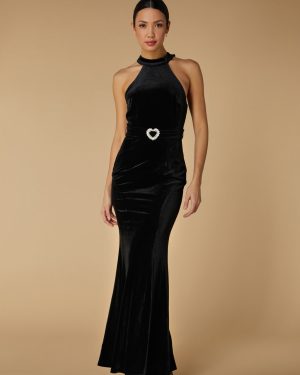 Delta Halter Neck Maxi Dress with Embellished Heart Detail, UK 18 / US 14 / EU 46 / Black