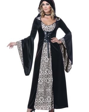 Deluxe Velvet Damask Hooded Robe Women's Fancy Dress Costume | Witch Fancy Dress Costumes
