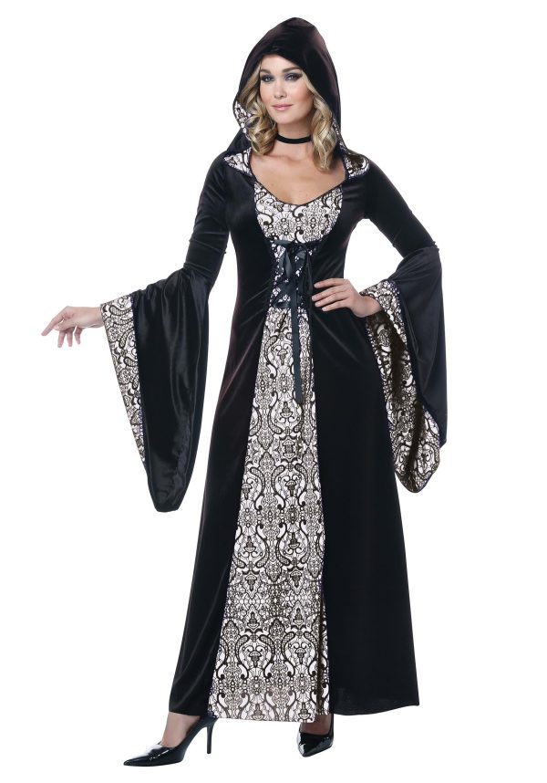 Deluxe Velvet Damask Hooded Robe Women's Fancy Dress Costume | Witch Fancy Dress Costumes