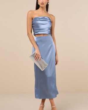 Demure Sweetie Slate Blue Satin Strapless Two-Piece Midi Dress
