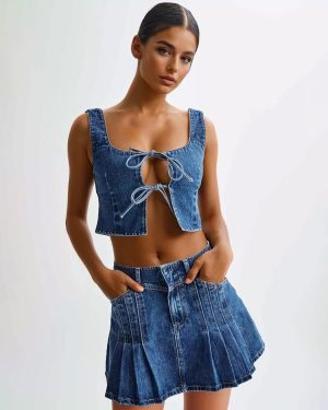 Denim 2 Piece Set Front Tie Crop Top And Mini Skirt Summer Outfit For Women 2025