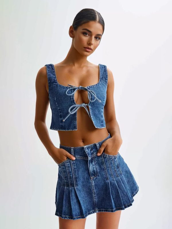Denim 2 Piece Set Front Tie Crop Top And Mini Skirt Summer Outfit For Women 2025