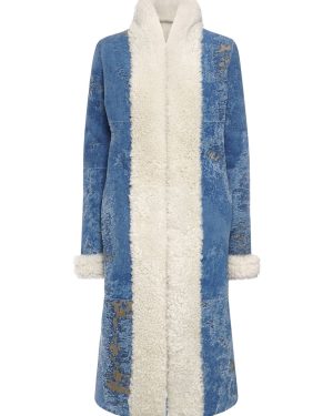 Denim Effect Shearling Midi Coat