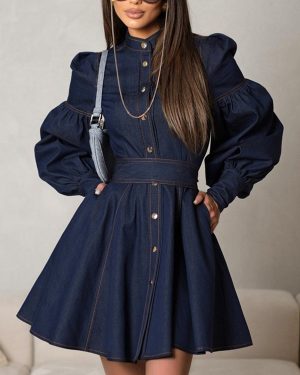 Denim Skater Dress Puff Sleeve Button-Up A-line Mini Dress For Women 2025