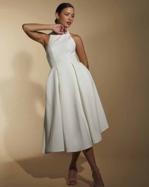 Denise Pleated A-Line Midi Dress with Halter Neckline, UK 18 / US 14 / EU 46 / Ivory