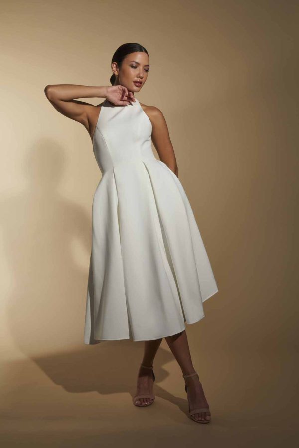 Denise Pleated A-Line Midi Dress with Halter Neckline, UK 18 / US 14 / EU 46 / Ivory