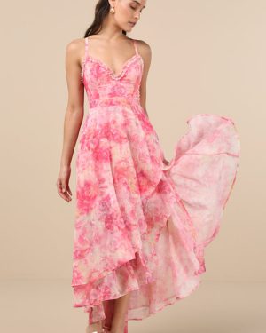 Desdra Pink Floral Ruffled Tiered High-Low Maxi Dress