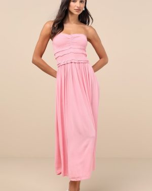 Devyn Pink Smocked Strapless Midi Dress
