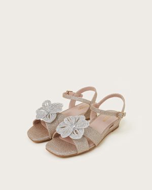 Diamante Flower Glitter Wedge Sandals Gold