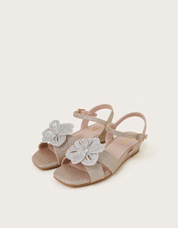 Diamante Flower Glitter Wedge Sandals Gold