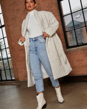 Diamond Quilted Longline Belted Coat in Cream - 8