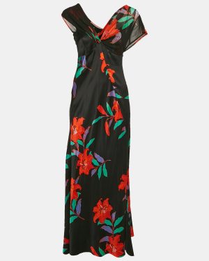 Diane Von Furstenberg Black Floral Print Satin Asymmetric Sleeveless Maxi Dress M