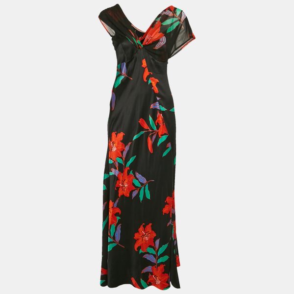 Diane Von Furstenberg Black Floral Print Satin Asymmetric Sleeveless Maxi Dress M