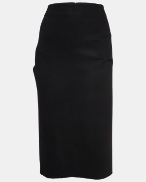 Diane Von Furstenberg Black Wool Pleated Detail Pencil Skirt L