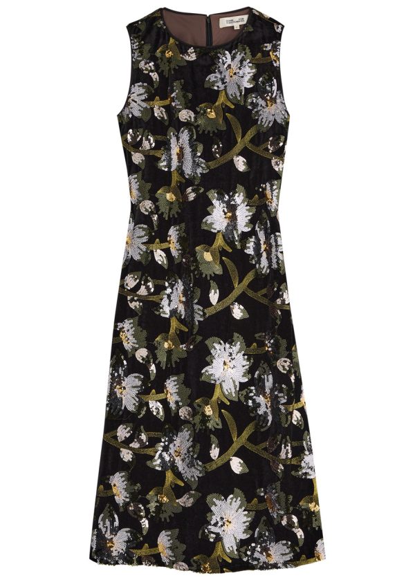 Diane Von Furstenberg Coral Sequin-embellished Velvet Midi Dress - Black - 10 (UK14 / L)