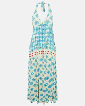 Diane Von Furstenberg Cream Printed Linen Blend Knit Halter Neck Franz Maxi Dress M