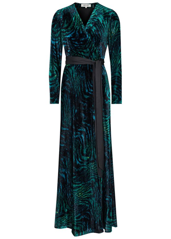 Diane Von Furstenberg Jareth Printed Velvet Maxi Wrap Dress - Dark Green - 12 (UK 16 /xl)