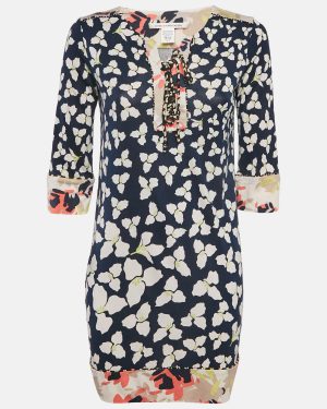 Diane Von Furstenberg Navy Blue Floral Print Silk jersey Trella Mini Dress S
