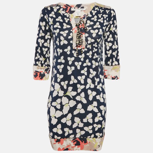 Diane Von Furstenberg Navy Blue Floral Print Silk jersey Trella Mini Dress S