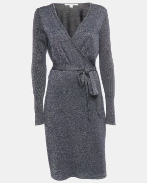 Diane Von Furstenberg Navy Blue Lurex Knit Evelyn Wrap Dress L