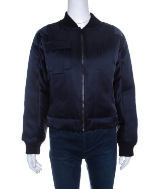 Diane Von Furstenberg Navy Blue Satin Alexander Bomber Jacket M
