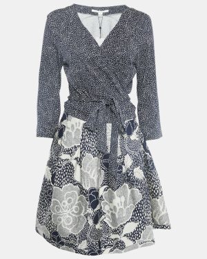 Diane Von Furstenberg Navy Blue Wool Blend and Knit Dream Dot Mid Jewel Wrap Dress XL