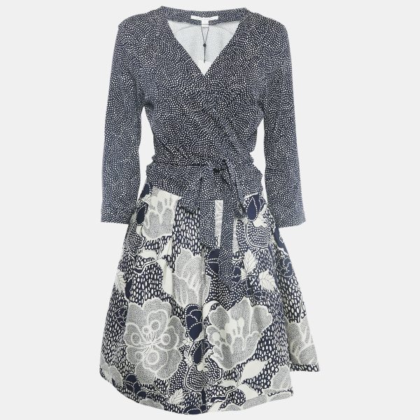 Diane Von Furstenberg Navy Blue Wool Blend and Knit Dream Dot Mid Jewel Wrap Dress XL