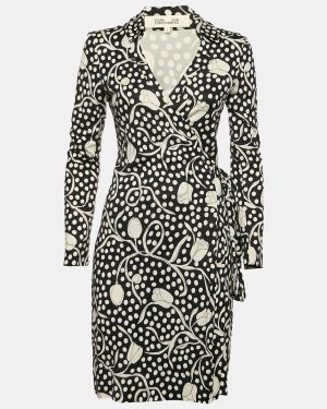 Diane Von Furstenberg Navy Blue/White Floral Print Jersey Wrap Dress S