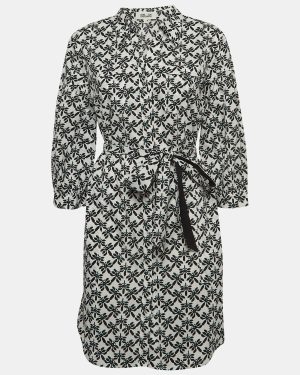 Diane Von Furstenberg White Floral Print Cotton Belted Shirt Dress L