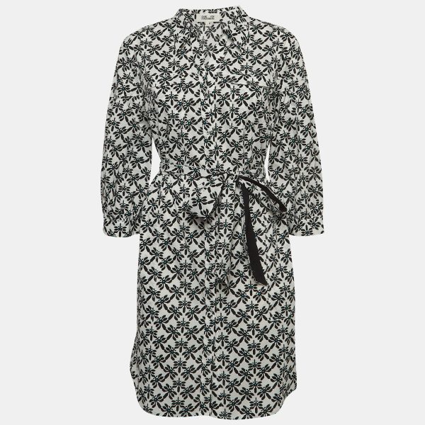 Diane Von Furstenberg White Floral Print Cotton Belted Shirt Dress L