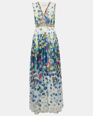 Diane Von Furstenberg White/Blue Floral Print Silk Lelani Maxi Dress S