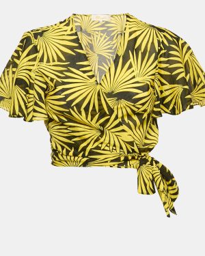 Diane Von Furstenberg Yellow Printed Cotton & Silk Wrap Top S