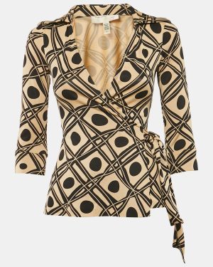 Diane von Furstenberg Beige/Black Printed Silk Jersey Jill Wrap Top XS