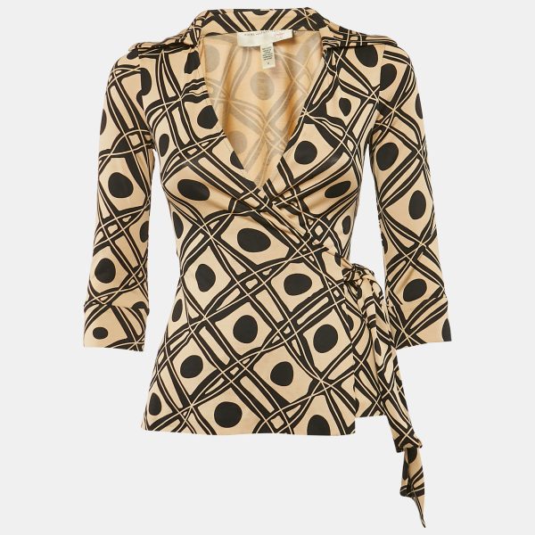 Diane von Furstenberg Beige/Black Printed Silk Jersey Jill Wrap Top XS