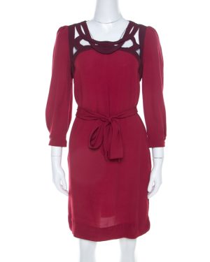 Diane von Furstenberg Burgundy Crepe Cut Out Neck Detail Belted Jadey Dress S