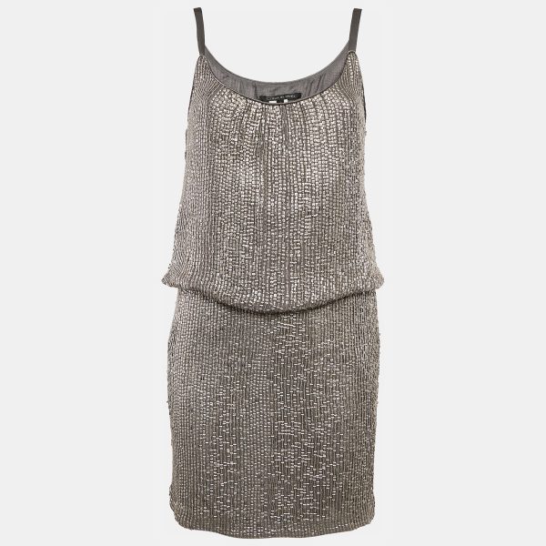 Dina Bar-El Silver Sequin Silk Sleeveless Mini Dress S