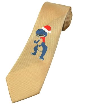 Dinosaur with Santa Hat Beige Christmas Tie - Exclusive Design by Eliza, Aged 8