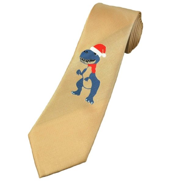 Dinosaur with Santa Hat Beige Christmas Tie - Exclusive Design by Eliza, Aged 8