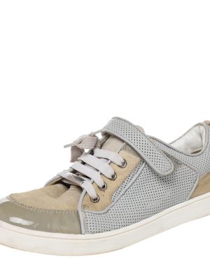 Dior Beige/Grey Mesh And Patent Leather Low Top Sneakers Size 34