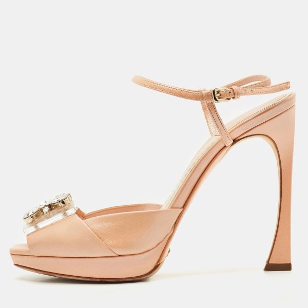 Dior Beige/Transparent Leather Crystal Embellished Ankle Strap Sandals Size 37