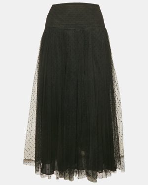 Dior Black Dotted Tulle Pleated Midi Skirt M