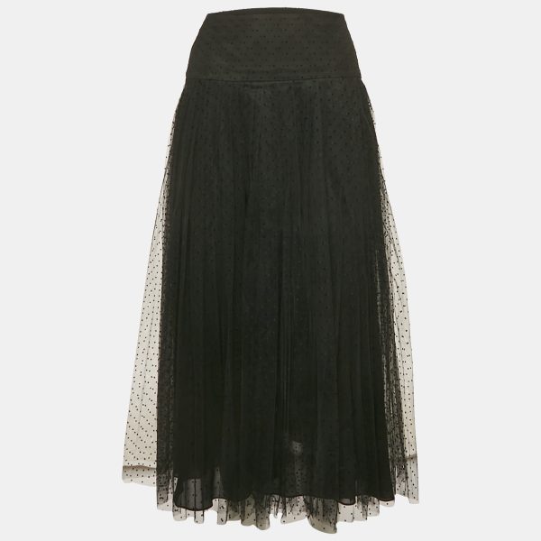 Dior Black Dotted Tulle Pleated Midi Skirt M