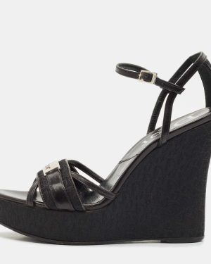 Dior Black Oblique Canvas and Leather Strappy Wedge Sandals Size 36