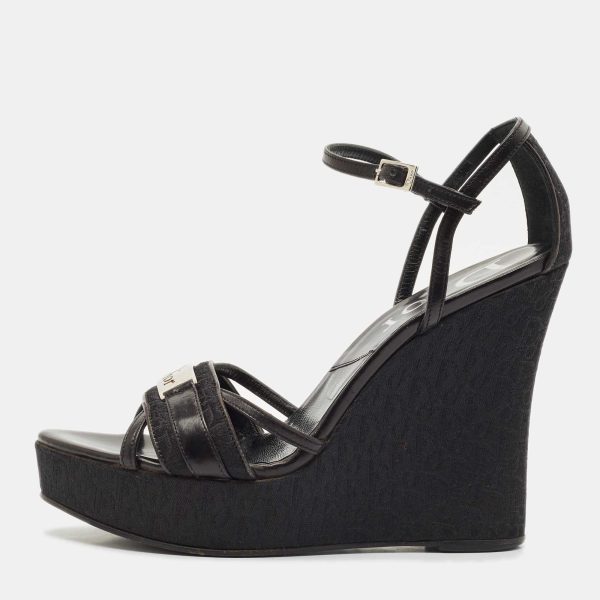 Dior Black Oblique Canvas and Leather Strappy Wedge Sandals Size 36