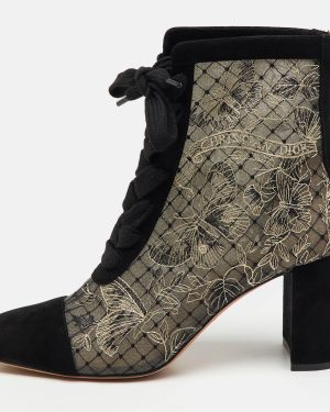 Dior Black/Beige Suede and Mesh Embroidered Naughtily-D Ankle Boots Size 40