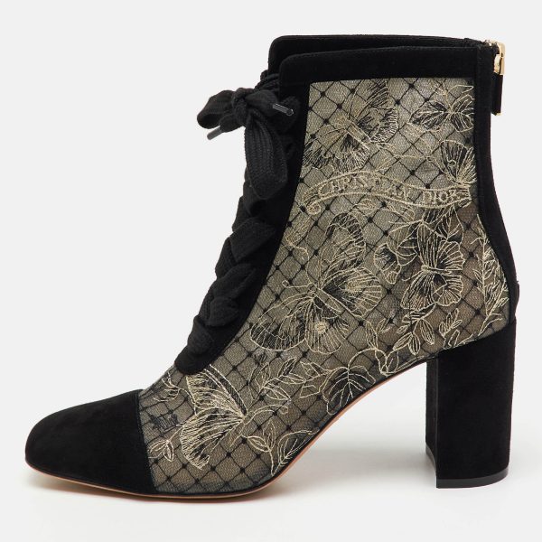 Dior Black/Beige Suede and Mesh Embroidered Naughtily-D Ankle Boots Size 40