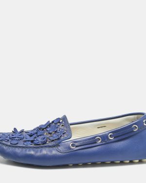 Dior Blue Laser Cut Floral Embellished Leather Flore Loafers Size 39.5