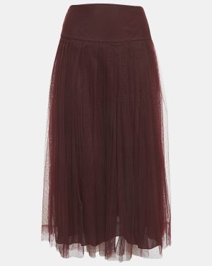 Dior Burgundy Dot Flock Print Tulle Pleated Midi Skirt S