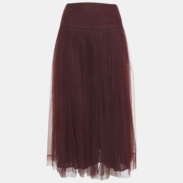 Dior Burgundy Dot Flock Print Tulle Pleated Midi Skirt S