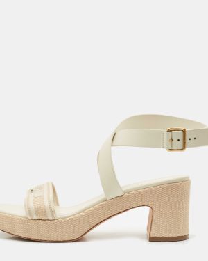 Dior Grey/Beige Leather and Canvas Dway Block Heel Ankle Strap Sandals Size 41